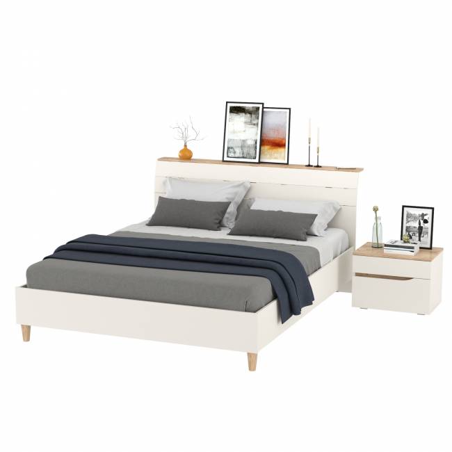 Кровать двуспальная Муссон 1600 с ортопедическим основанием и прикроватная тумба цвет белый/дуб эндгрейн элегантный