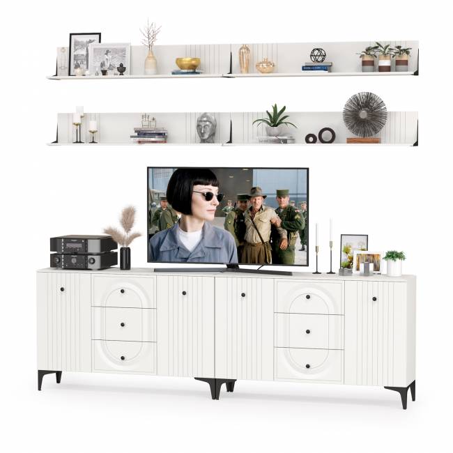 Два широких комода Валенсия и четыре навесных полки цвет белый шагрень Два широких комода Валенсия и четыре навесных полки цвет белый шагрень
