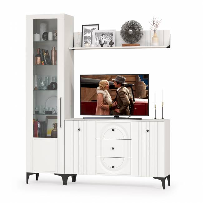 Комод-тумба под ТВ с полкой и пенал со стеклом Валенсия цвет белый шагрень Комод-тумба под ТВ с полкой и пенал со стеклом Валенсия цвет белый шагрень