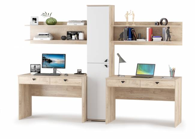 Столы Бостон с полками и пеналом цвет дуб эндгрейн элегантный/фасады МДФ милк рикамо софт Столы Бостон с полками и пеналом цвет дуб эндгрейн элегантный/фасады МДФ милк рикамо софт