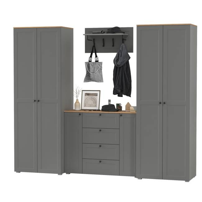 Комод четыре ящика с настенной вешалкой и двумя платяными шкафами Остин цвет серый графит/дуб крафт золотой