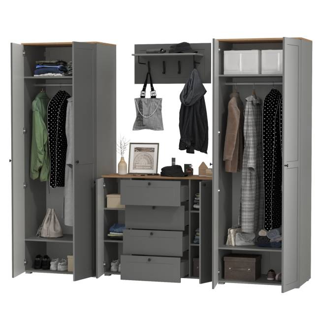 Комод четыре ящика с настенной вешалкой и двумя платяными шкафами Остин цвет серый графит/дуб крафт золотой