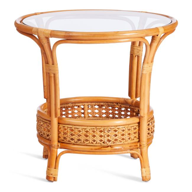 ТЕРРАСНЫЙ КОМПЛЕКТ "Pelangi/Пеланги" (стол со стеклом + 2 кресла)/с подушками / ротанг, кресло 65х65х77см, стол диаметр 64х61см, медовый Honey (мед) ротанг