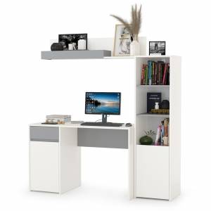 Стол Торонто с полкой и стеллажом цвет белый шагрень/стальной серый