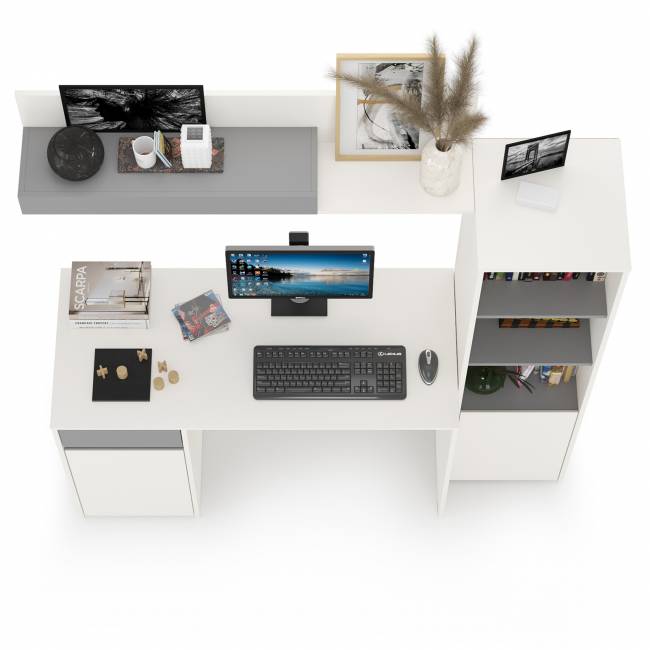 Стол Торонто с полкой и стеллажом цвет белый шагрень/стальной серый Стол Торонто с полкой и стеллажом цвет белый шагрень/стальной серый