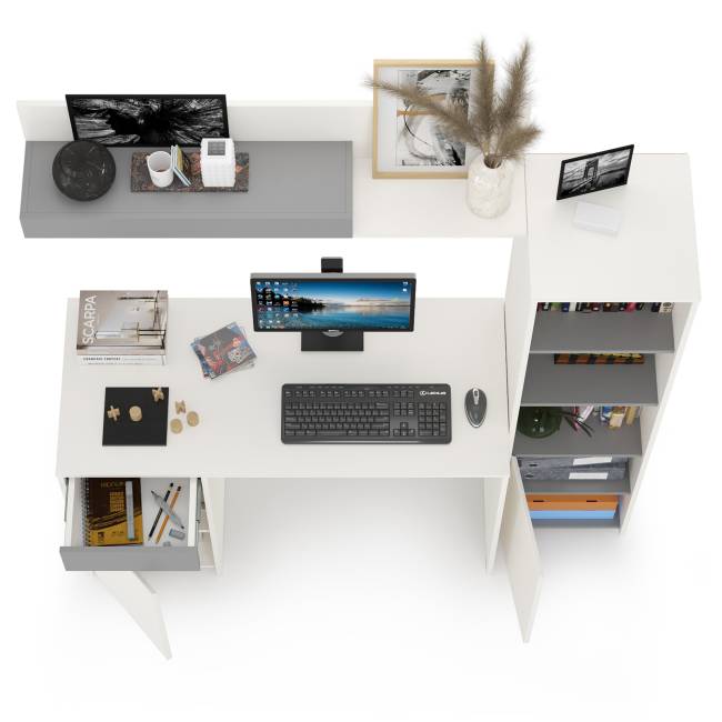 Стол Торонто с полкой и стеллажом цвет белый шагрень/стальной серый Стол Торонто с полкой и стеллажом цвет белый шагрень/стальной серый