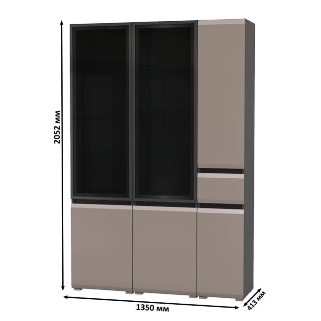 Два шкафа-витрины Сидней 13.201 и пенал-шкаф с ящиком Сидней цвет антрацит/МДФ веллюто капучино Два шкафа-витрины Сидней 13.201 и пенал-шкаф с ящиком Сидней цвет антрацит/МДФ веллюто капучино