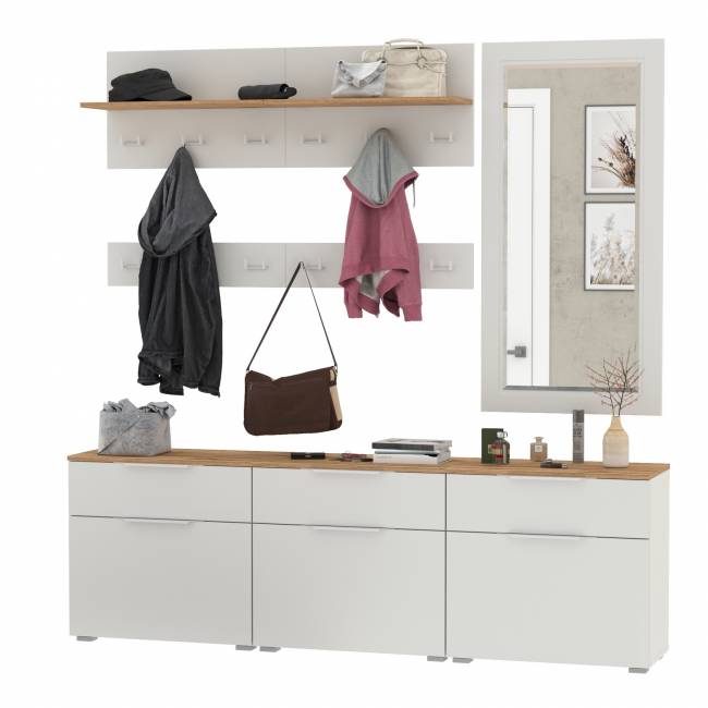 Три обувницы с зеркалом и вешалками для одежды Октава цвет белый шагрень/дуб крафт золотой Три обувницы с зеркалом и вешалками для одежды Октава цвет белый шагрень/дуб крафт золотой