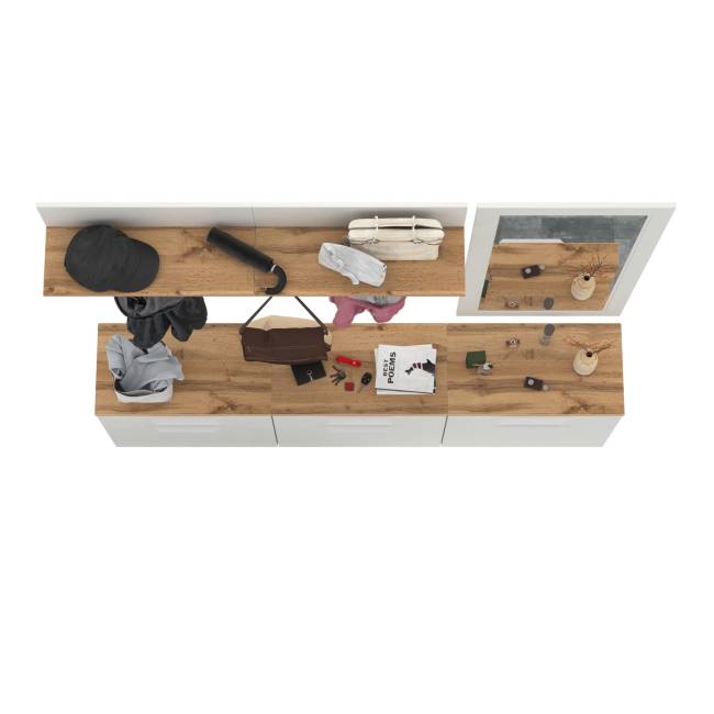 Три обувницы с зеркалом и вешалками для одежды Октава цвет белый шагрень/дуб крафт золотой Три обувницы с зеркалом и вешалками для одежды Октава цвет белый шагрень/дуб крафт золотой