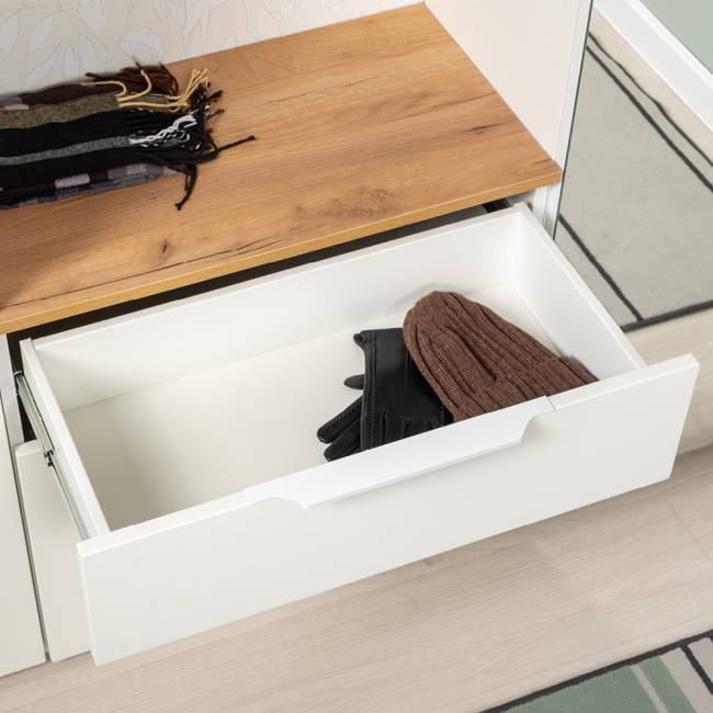 Три обувницы с зеркалом и вешалками для одежды Октава цвет белый шагрень/дуб крафт золотой Три обувницы с зеркалом и вешалками для одежды Октава цвет белый шагрень/дуб крафт золотой