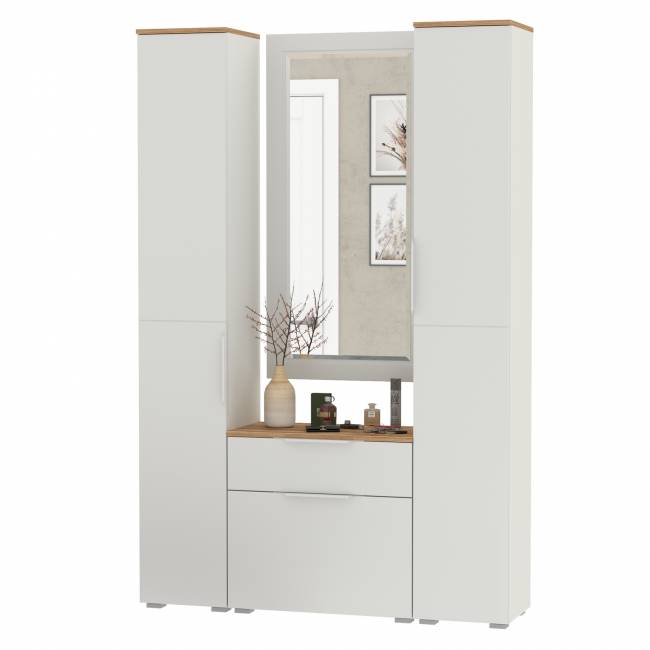 Два шкаф-пенала и обувница с ящиком с зеркалом Октава цвет белый шагрень/дуб крафт золотой