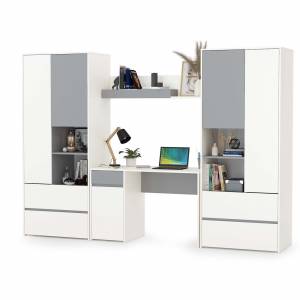 Стол компьютерный с двумя шкафами и навесной полкой Торонто цвет белый шагрень/стальной серый