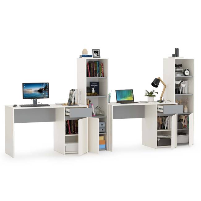 Письменные столы со стеллажами для двоих детей Торонто цвет белый шагрень/стальной серый