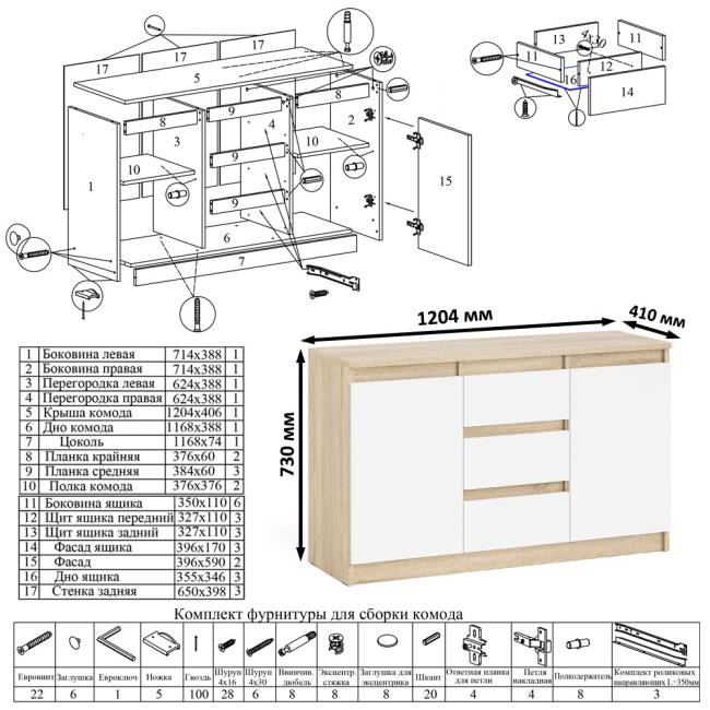 Комод-тумба три ящика и две дверки Мори МК1200.3 цвет дуб сонома/белый Комод-тумба три ящика и две дверки Мори МК1200.3 цвет дуб сонома/белый
