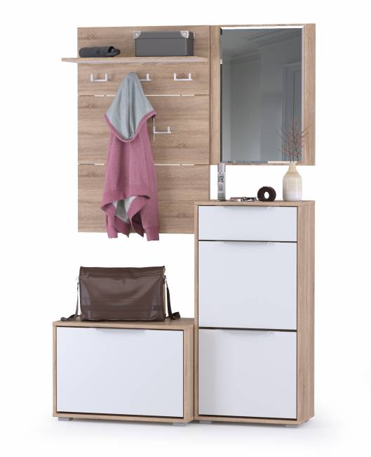 Высокая обувница и обувница с зеркалом и вешалкой для одежды Куба цвет дуб сонома/белый премиум Высокая обувница и обувница с зеркалом и вешалкой для одежды Куба цвет дуб сонома/белый премиум
