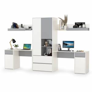 Столы компьютерные Торонто для двоих детей с полками и шкафом цвет белый шагрень/стальной серый