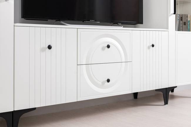 Тумба для ТВ с двумя навесными полкой Валенсия цвет белый шагрень Тумба для ТВ с двумя навесными полкой Валенсия цвет белый шагрень