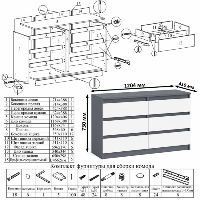 Широкий комод шесть ящиков Мори МК1200.6 цвет графит/белый Широкий комод шесть ящиков Мори МК1200.6 цвет графит/белый