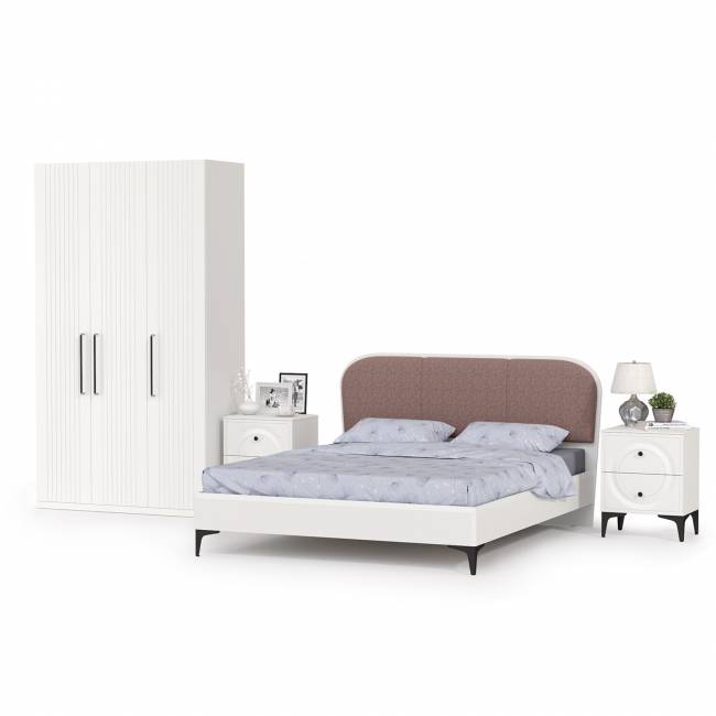 3-х дверный шкаф с кроватью с мягкой спинкой Валенсия 1600 и двумя тумбочками цвет белый шагрень/ткань велутто 19 3-х дверный шкаф с кроватью с мягкой спинкой Валенсия 1600 и двумя тумбочками цвет белый шагрень/ткань велутто 19