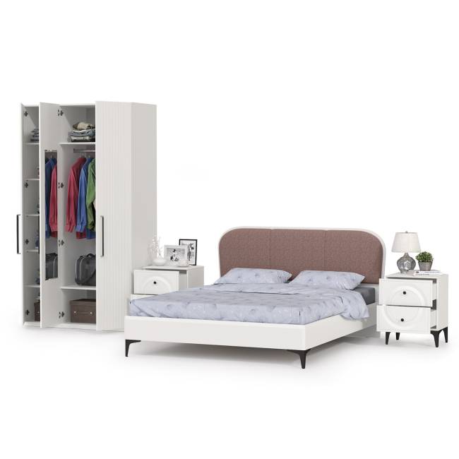 3-х дверный шкаф с кроватью с мягкой спинкой Валенсия 1600 и двумя тумбочками цвет белый шагрень/ткань велутто 19 3-х дверный шкаф с кроватью с мягкой спинкой Валенсия 1600 и двумя тумбочками цвет белый шагрень/ткань велутто 19
