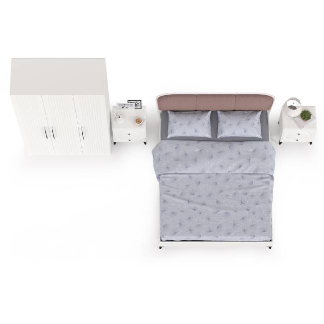 3-х дверный шкаф с кроватью с мягкой спинкой Валенсия 1600 и двумя тумбочками цвет белый шагрень/ткань велутто 19 3-х дверный шкаф с кроватью с мягкой спинкой Валенсия 1600 и двумя тумбочками цвет белый шагрень/ткань велутто 19