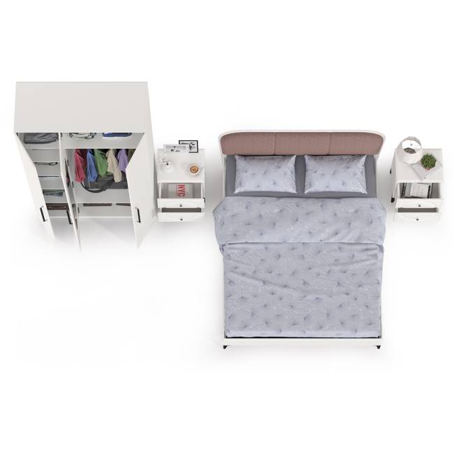 3-х дверный шкаф с кроватью с мягкой спинкой Валенсия 1600 и двумя тумбочками цвет белый шагрень/ткань велутто 19 3-х дверный шкаф с кроватью с мягкой спинкой Валенсия 1600 и двумя тумбочками цвет белый шагрень/ткань велутто 19