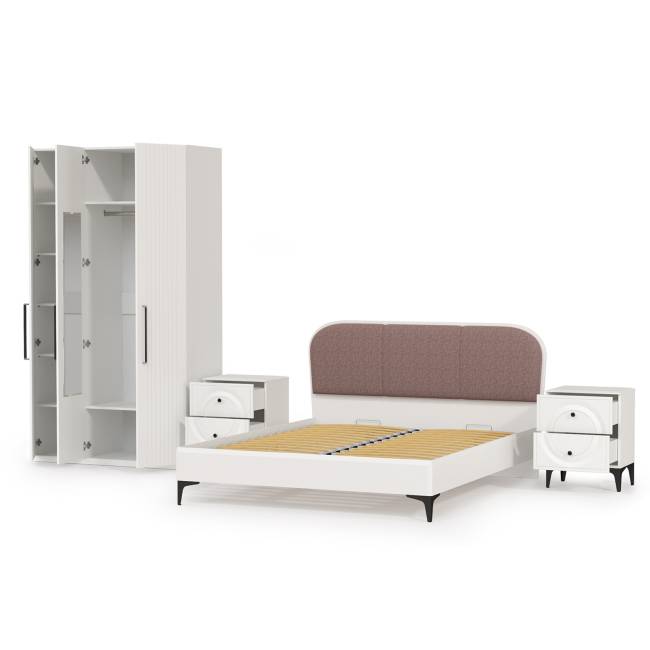 3-х дверный шкаф с кроватью с мягкой спинкой Валенсия 1600 и двумя тумбочками цвет белый шагрень/ткань велутто 19 3-х дверный шкаф с кроватью с мягкой спинкой Валенсия 1600 и двумя тумбочками цвет белый шагрень/ткань велутто 19