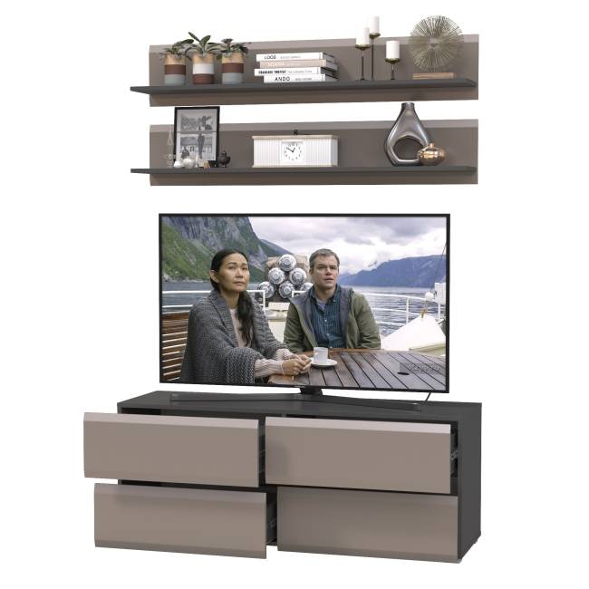 Две открытых полки Сидней и ТВ-тумба цвет антрацит/МДФ веллюто капучино Две открытых полки Сидней и ТВ-тумба цвет антрацит/МДФ веллюто капучино