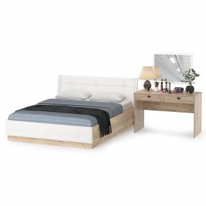 Кровать Муссон с подъёмным ортопедом и стол Бостон с зеркалом цвет белый/дуб эндгрейн элегантный/кожзам белый