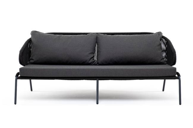 "Милан" диван 3-местный плетеный из роупа, каркас алюминий темно-серый (RAL7024) муар, роуп темно-серый круглый, ткань темно-серая 027 "Милан" диван 3-местный плетеный из роупа, каркас алюминий темно-серый (RAL7024) муар, роуп темно-серый круглый, ткань темно-серая 027