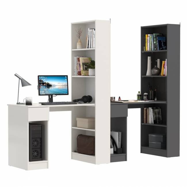 Два стола письменных со стеллажом с полками Лайт 10.01 цвет белый гладкий/тёмно-серый