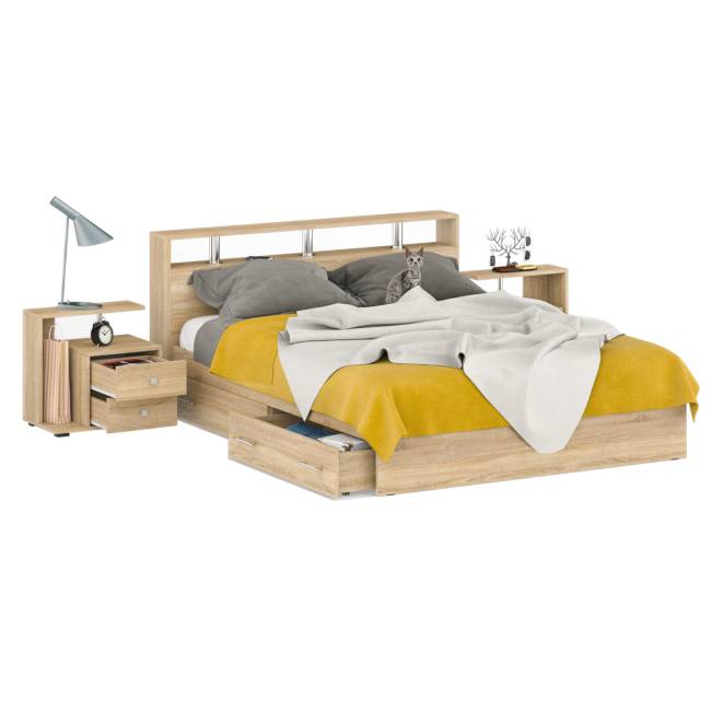 Кровать с ящиками 1600 Камелия + две тумбы цвет дуб сонома Кровать с ящиками 1600 Камелия + две тумбы цвет дуб сонома