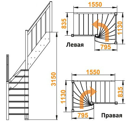 Деревянная лестница ЛС-91м+2 ступени сверху