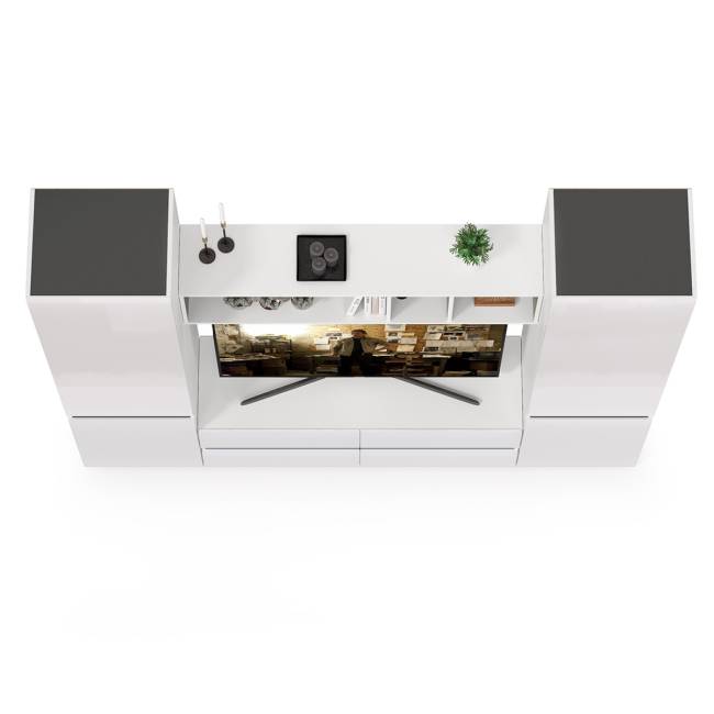 Стенка для гостиной Сидней № 6 цвет белый/чёрный/фасады МДФ белый глянец Стенка для гостиной Сидней № 6 цвет белый/чёрный/фасады МДФ белый глянец