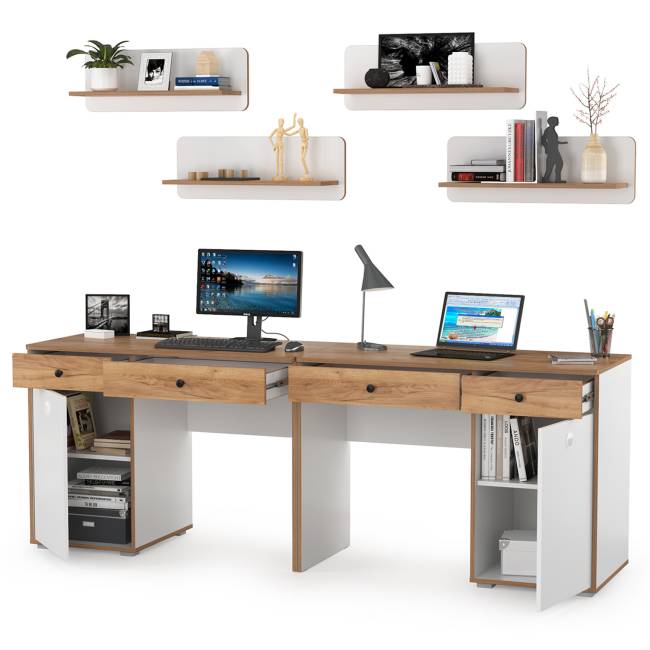 Столы письменные и четыре открытых полки для двоих детей Вуди цвет белый премиум/дуб крафт золотой