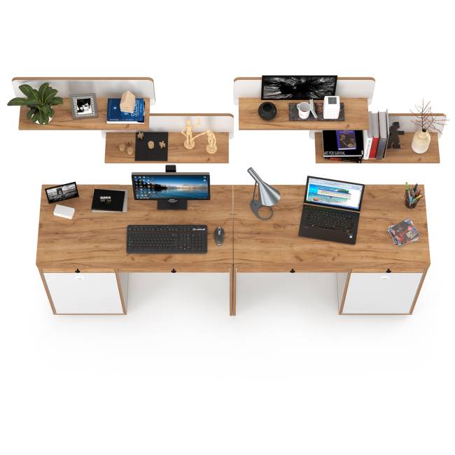 Столы письменные и четыре открытых полки для двоих детей Вуди цвет белый премиум/дуб крафт золотой