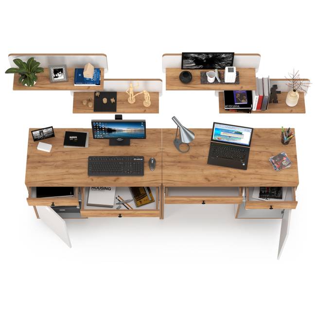 Столы письменные и четыре открытых полки для двоих детей Вуди цвет белый премиум/дуб крафт золотой