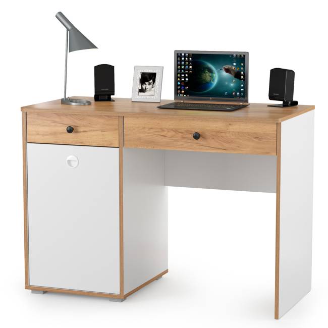 Столы письменные и четыре открытых полки для двоих детей Вуди цвет белый премиум/дуб крафт золотой